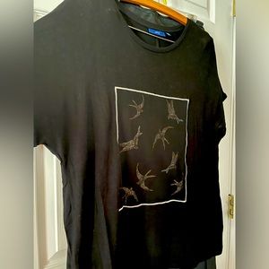 D  XL Long black stretchy tee, mesh silver and gold embroidery birds